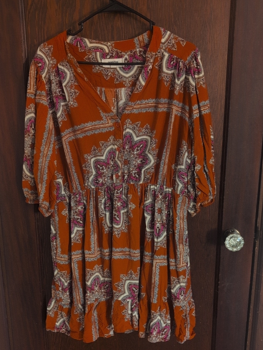 Rust Paisley Button-Front Boho Dress